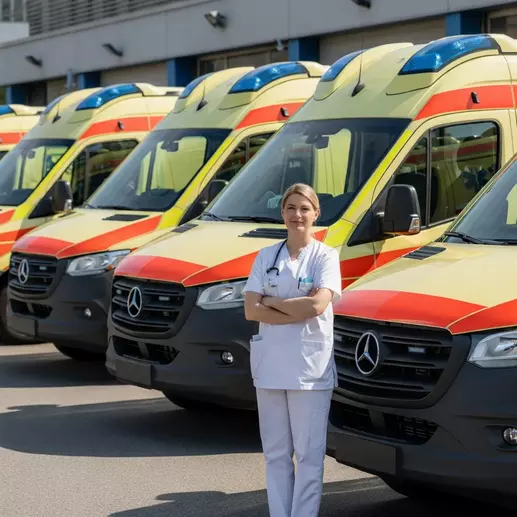 врач и реанимобиль для перевозки больных пациентов